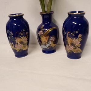 3 Vintage Cobalt Blue Peacocks & Pheasant Budding Vase Mini Floral Pattern 4" ea